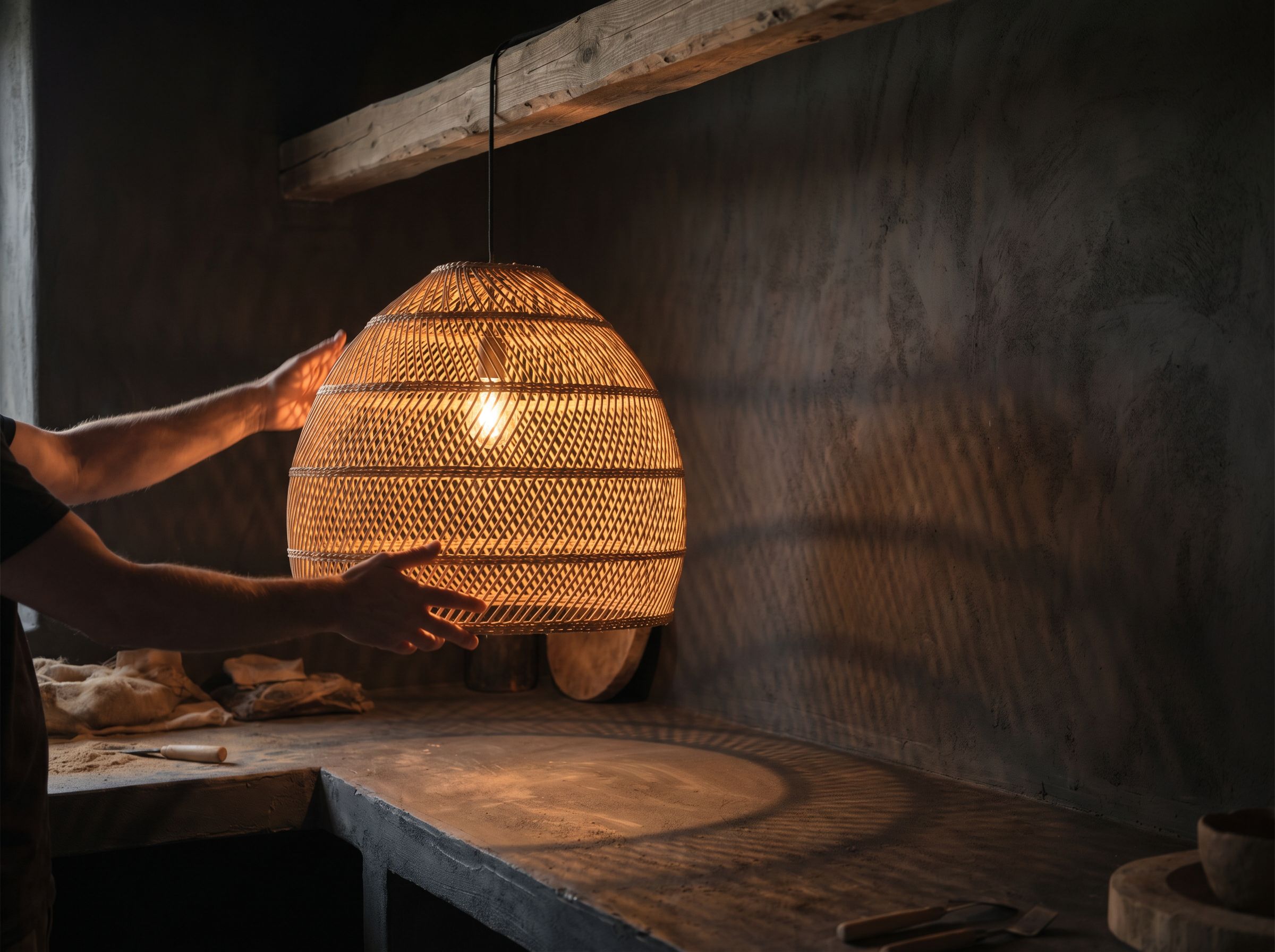 Atelier — mains tressant un abat-jour en rotin sur un établi en bois clair.